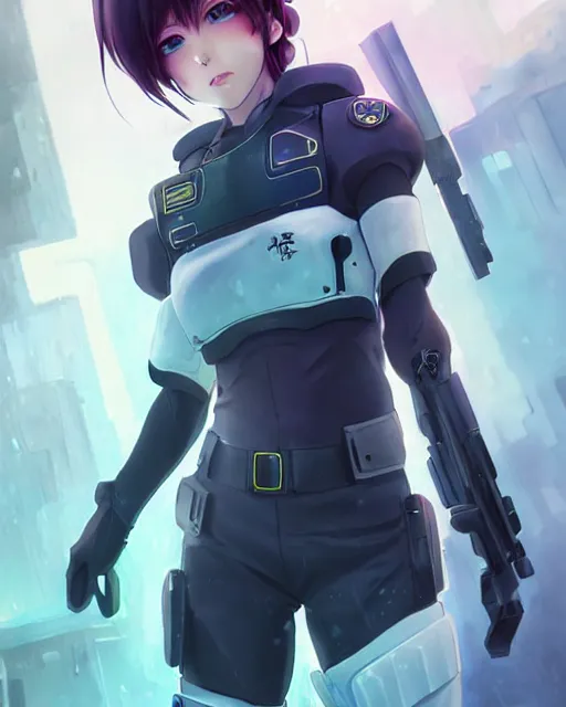 Image similar to nami, anime key visual of a young female swat officer, neon, cyberpunk, futuristic, white outfit, black swat vest, swat helmet, holding pdw, stunning, highly detailed, digital painting, smooth, soft focus, illustration, 4 k digital art from artstation by artgerm and greg rutkowski and alphonse mucha