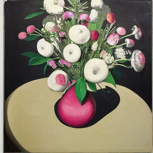 Image similar to “a portrait in an art student’s apartment, a vase in the shape of a feminine pig, pork, ikebana white flowers, white wax, squashed berries, acrylic and spray paint and oilstick on canvas, by munch and Dali”