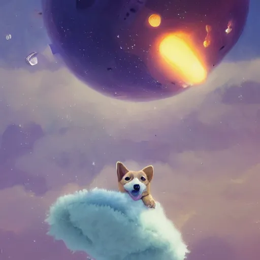 Prompt: an adorable corgi puppy floating in outer space, hyperrealistic, lifelike, extremely detailed digital painting, digital illustration, concept art, greg rutkowski, artgerm, moebius, simon stalenhag, ruan jia, makoto shinkai, trending on artstation, cgsociety, octane, 8 k