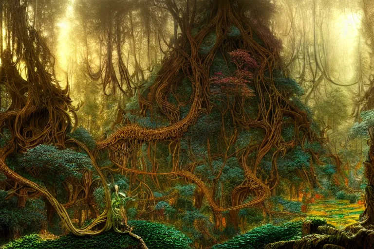 Prompt: a beautiful and highly detailed digital painting of an epic elven construction in an intricately woven forest in the misty mountains, psychedelic patterns, intricate details, epic scale, 8 k, sharp focus, photorealism, artstation, cgsociety, by caspar friedrich, albert bierstadt, james gurney, brian froud,