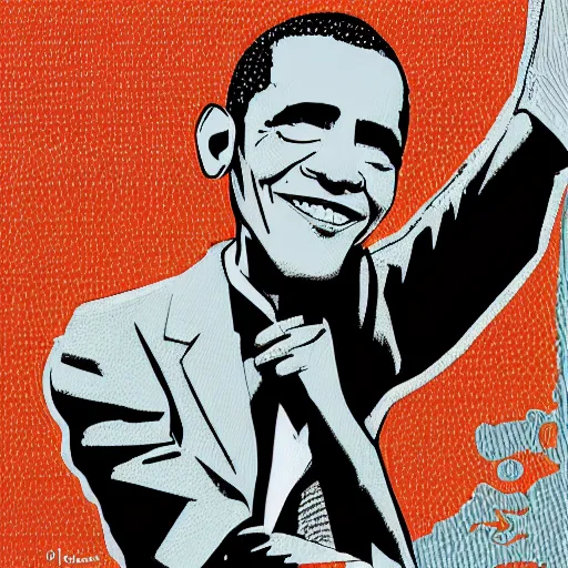 Image similar to Obama, graphic illustration by Jamie Hewlett, bold colors