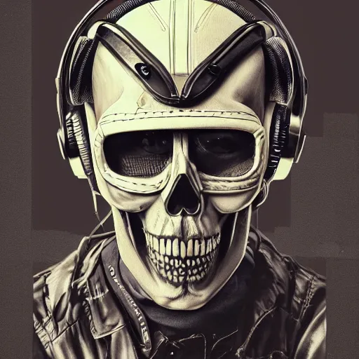 Image similar to a portrait of an anthropomorphic vintage skull in a racing helmet by sandra chevrier, detailed render, tape deck, boombox, headphones, epic composition, cybernetics, 4 k realistic, cryengine, realistic shaded lighting, sharp focus, masterpiece, by matteo scalera, gary montalbano, peter elson in the style of the tokyo ghost comic