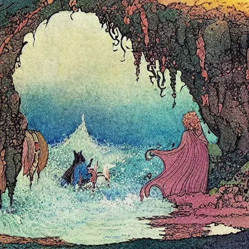 Prompt: an extremely colorful depiction of the wave scene from peter beagle ’ s the last unicorn, from a book of fairy tales illustrated by edmund dulac