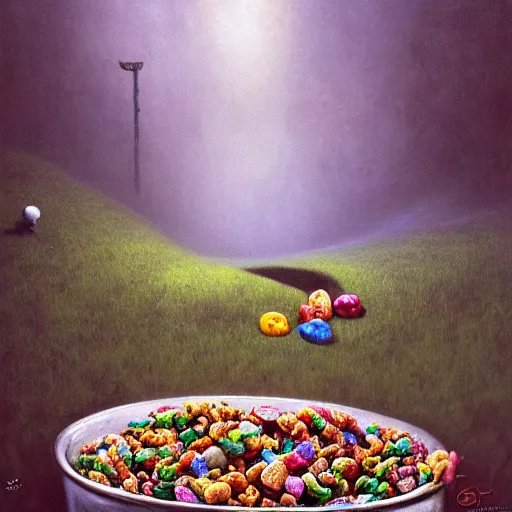 Prompt: scene of a leprechaun eating Lucky Charms cereal, digital painting by Zezislaw Beksinski, 4k wallpaper, masterpiece, beautiful, gorgeous, happy, wholesome, cheerful, cute