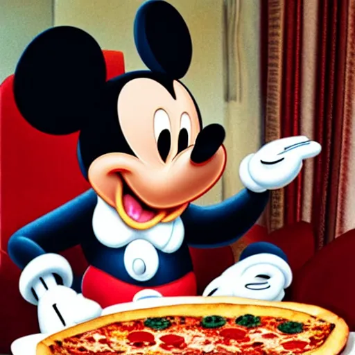 Image similar to Mickey Mouse having tea and pizza.