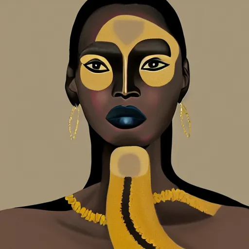 Prompt: a professionally painted african female model , grace jones, clothed in ancient, dark skin, dark gold hair, beautiful bone structure, symmetrical facial features, stunningly beautiful, intricate, elegant, digital painting, smooth, sharp focus, illustration, made by Kara Walker, Jacob Lawrence