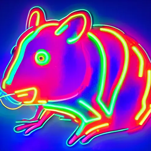 Image similar to cyberpunk hamster made of glowing rainbow neon lights holding a rainbow gem crystal, light reflection, 8 k, hd, logo