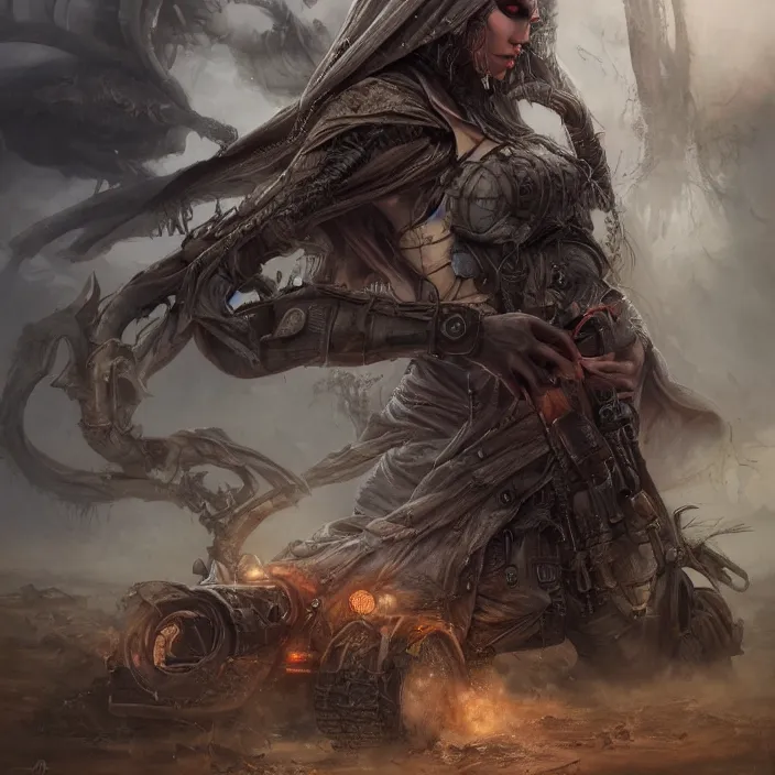 Prompt: beautiful apocalyptic woman in hooded cloak, standing on mad max panzer tank, hyper-detailed, smooth, sharp focus, 4k ultra hd, fantasy dark art, tank girl, artgerm, artstation, octane render, elegant, detailed digital painting, apocalyptic art, peter mohrbacher, Francis bacon