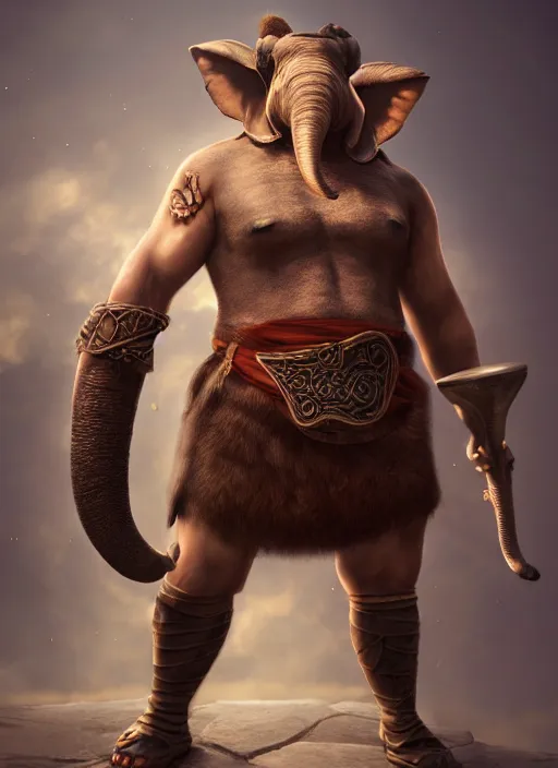 Image similar to An epic fantasy style portrait painting of an anthropomorphic elephant barbarian wearing an apron, DAZ, octane render, cosplay, RPG portrait, dynamic lighting