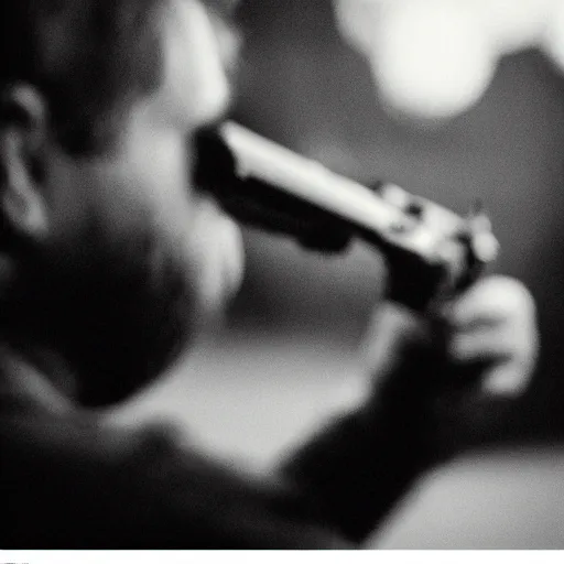 Image similar to An atmospheric close up photo of A man sticking a gun in the camera, bokeh, hard grain film, masterpiece