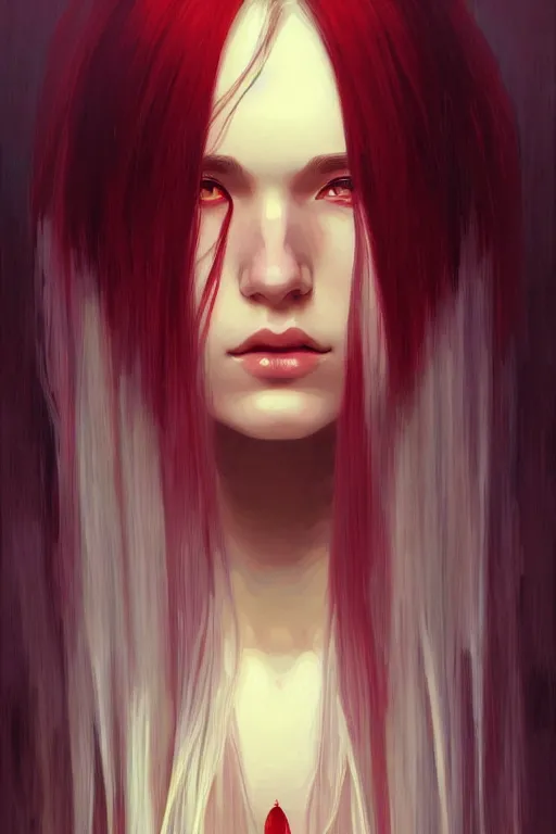 Image similar to a beautiful girl with long white hair and bangs, red eyes, fantasy, portrait, sharp focus, intricate, elegant, digital painting, artstation, matte, highly detailed, concept art, illustration, ambient lighting, art by ilya kuvshinov, artgerm, Alphonse mucha, and Greg Rutkowski