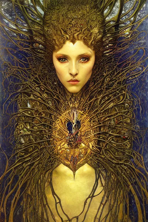 Image similar to Heart of Thorns by Karol Bak, Jean Deville, Gustav Klimt, and Vincent Van Gogh, otherworldly, fractal structures, arcane, prophecy, ornate gilded medieval icon, third eye, spirals