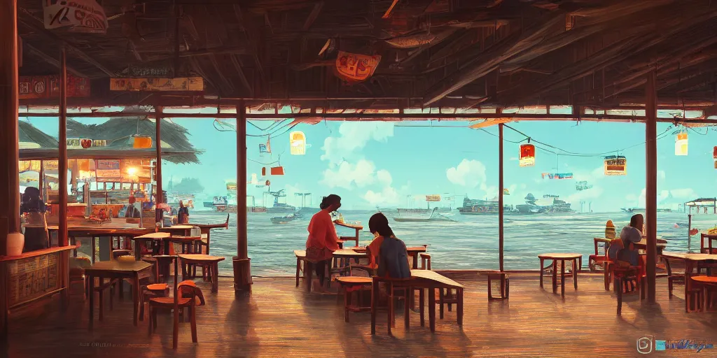 Image similar to interior of a kopitiam at pulau indah fishing village, near a jetty, early morning, detailed matte painting, low angle view, telephoto lens, bokeh, studio ghibli, artstation