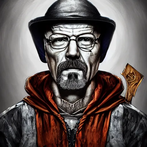 Image similar to Walter White Zombie Butcher, portrait, fantasy, medieval, vivid colors, elegant, concept art, sharp focus, beautiful face, digital art, Hyper-realistic, 4K, Unreal Engine, Highly Detailed, HD, Dramatic Lighting by Brom, trending on Artstation