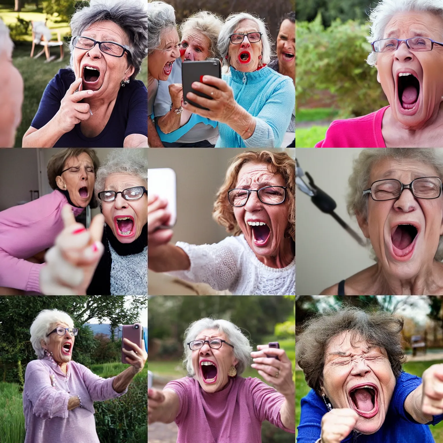 Prompt: a selfie of a grandma screaming