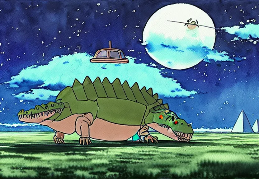 Image similar to a hyperrealist watercolor concept art from a studio ghibli film showing a giant mechanized crocodile from howl's moving castle ( 2 0 0 4 ). a pyramid is under construction in the background, in the rainforest on a misty and starry night. a ufo is in the sky. very dull muted colors. by studio ghibli