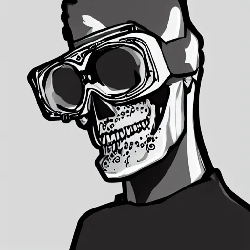 Image similar to a skull man wearing goggles with the words pixel spelt out above in a cyberpunk aesthetic