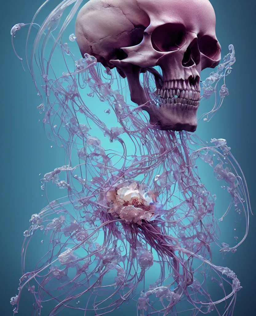 Image similar to composition of human skulls, animals skulls, bones, rib-cage. jellyfish orchids and betta fish, bioluminiscent, intricate artwork by Tooth Wu and wlop and beeple. octane render, trending on artstation, greg rutkowski very coherent symmetrical artwork. cinematic, hyper realism, high detail, octane render, 8k