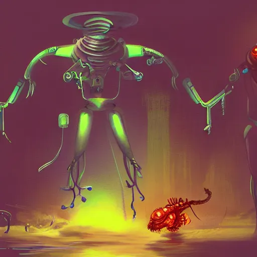 Image similar to concept art of a cyberpunk insectoid underwater alien and its minions, retro technology