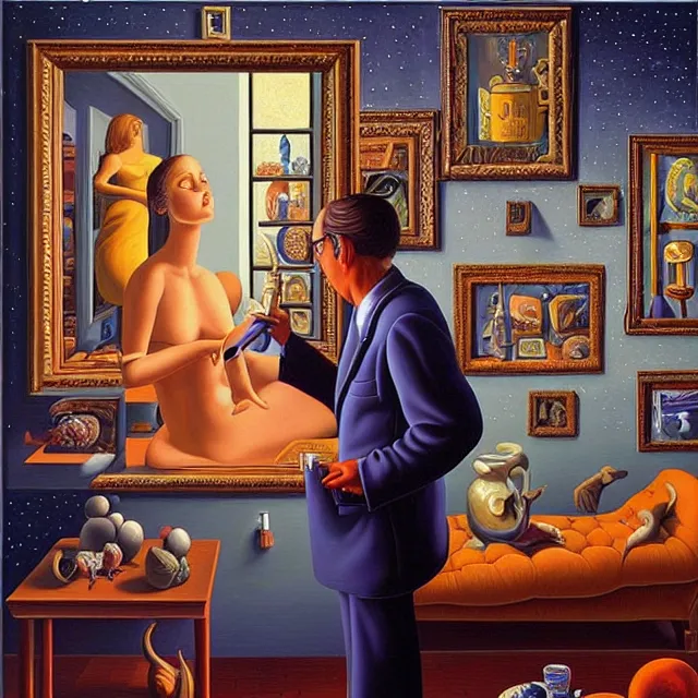 Image similar to an oil on canvas portrait of a man painting a portrait of a beautiful woman surrounded by paintings, surrealism, surrealist, cosmic horror, rob gonsalves, high detail