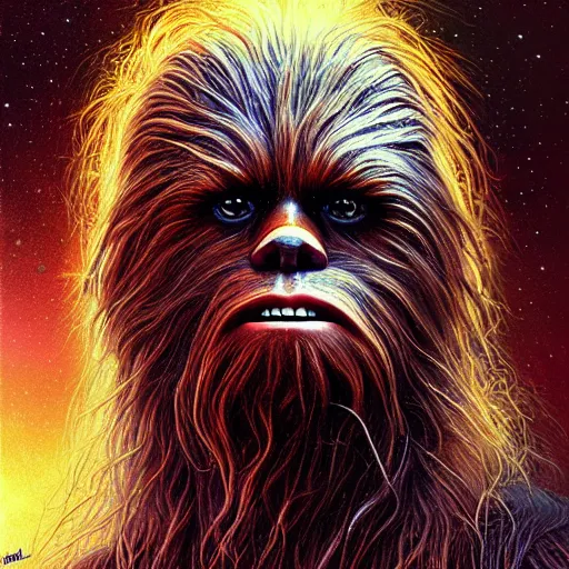 Image similar to hyper detailed masterpiece, chewbacca portrait jean giraud, digital art painting, darkwave goth aesthetic, psychedelic, artgerm, donato giancola, tom bagshaw