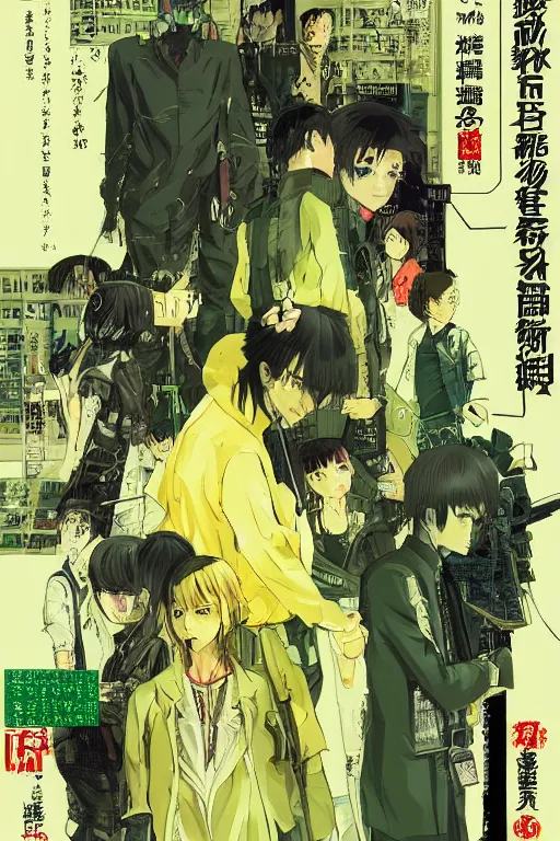 Image similar to professionally drawn seinen mature cyberpunk detective horror action manga comic cover, full color, beautifully drawn coherent professional, drawn by ilya kuvshinov, ilya kuvshinov, satoshi kon, kentaro miura and tsutomu nihei. japanese script kanji hiragana on the cover. simple minimalist stylized cover art. yellow green cel shaded