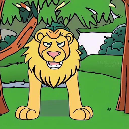 Prompt: Lion smiling in the jungle cartoon futurama style