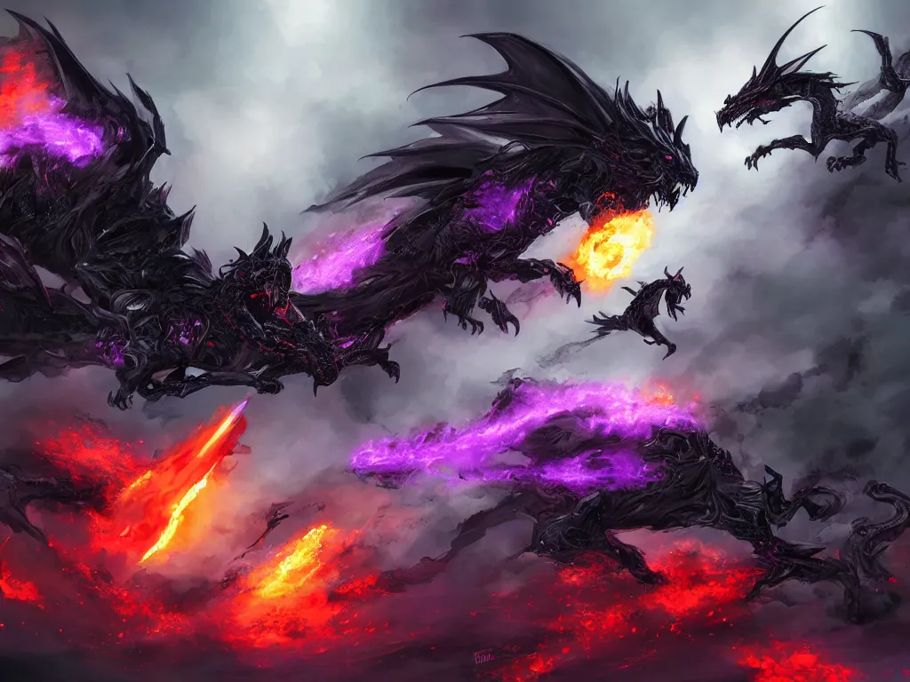 Prompt: a black and purple dragon fighting a massive black and red mecha cat, digital art, detailed, award-winning art, 4k concept art and hyper realism