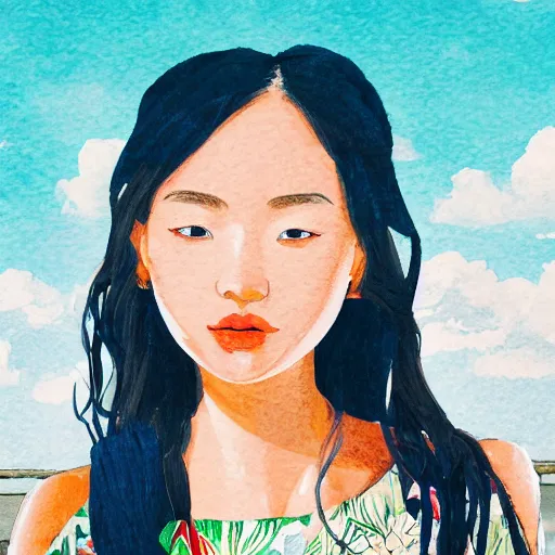 Prompt: a portrait of a young asiatic lady, perfect face, hot summertime hippie, Summer outfit, seafront background , sunny day, perfecly detailed, realistic portrait, perfect design, natural light