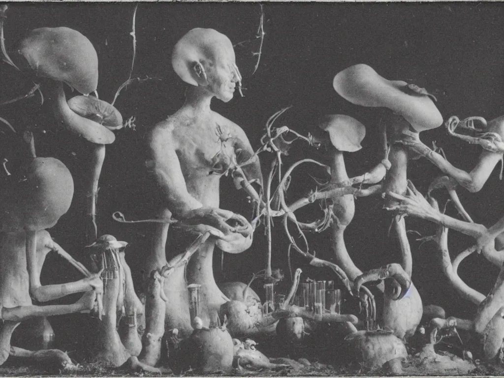 Prompt: scientists in 1 9 0 0's performing experiments on a strange mushroom, daguerreotype, dusty film, horror, sci - fi, volumetric lighting, very detailed, 8 k, cinematic, dusty photograph, by jan svankmajer & henry fuseli & otto rapp,