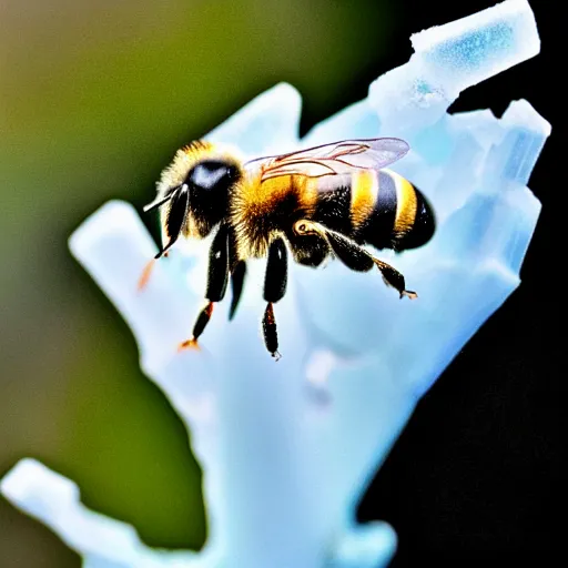 Image similar to a bee trying to reach a flower made of ice, beautiful macro photography, ambient light