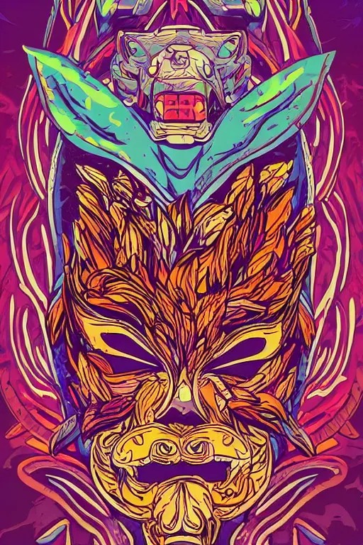 Image similar to animal mask totem roots flower tribal feather gemstone plant wood rock shaman vodoo video game vector cutout illustration vivid multicolor borderlands comics by josan gonzales and dan mumford radiating a glowing aura