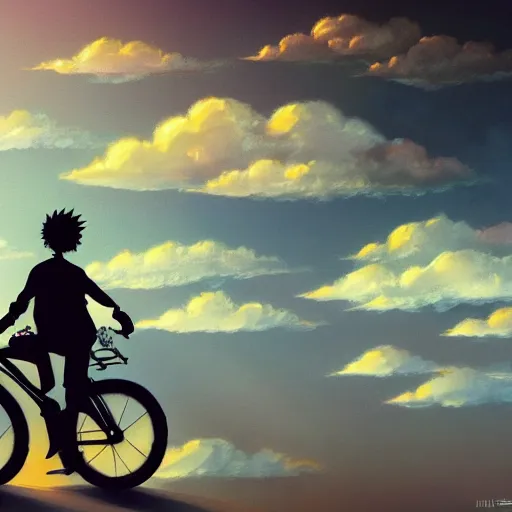 Prompt: a beautiful ultradetailed anime illustration of a happy man flying in the sky on his bicycle in the clouds, up to bottom is clouds，sea，railway，by makoto shinkai，anime wallpaper 4k，prismatic