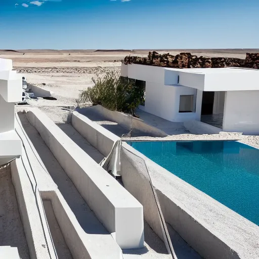 Image similar to white habitat 6 7, lego architect building in the dessert, many plants and infinite pool