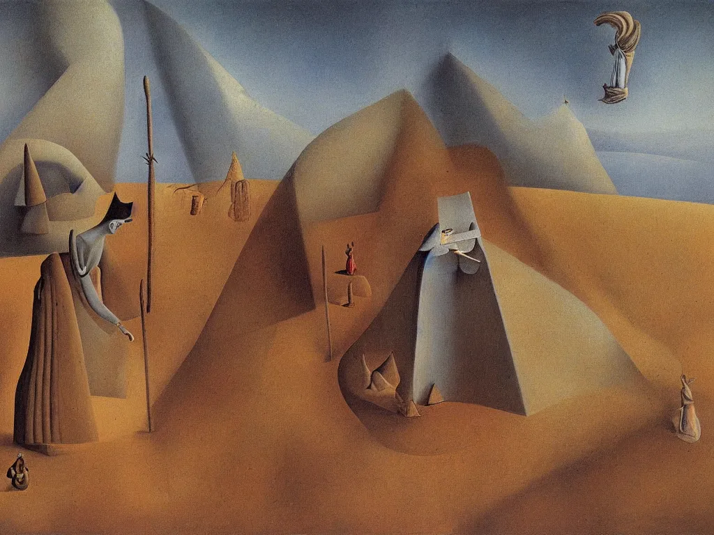 Prompt: scene with figure in the desert. painting by remedios varo