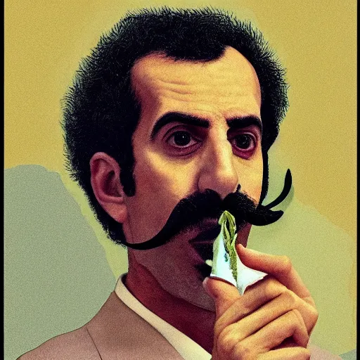 Prompt: A portrait of borat sagdiyev smoking a rolled marijuana joint, 8k, hyper-detailed