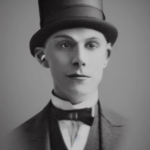 Image similar to A photograph portrait of Jerma985 wearing a bowler hat in the early 1920s, taken in the early 1920s, grainy, taken on a early 1900s Kodak Camera, realistic, hyperrealistic, very realistic, highly detailed, very detailed, extremely detailed, detailed, digital art, trending on artstation