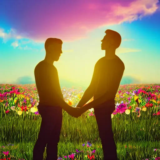 Prompt: a gay couple holding hands in a field of flowers at sunset, realistic, intricate, 4k
