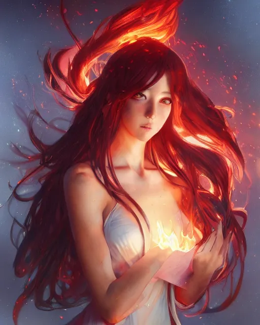 Image similar to red eyed beautiful long haired anime girl, dress in fire, full body photo, flames everywhere, highly detailed, digital painting, artstation, concept art, smooth, sharp focus, illustration, art by artgerm and greg rutkowski and alphonse mucha