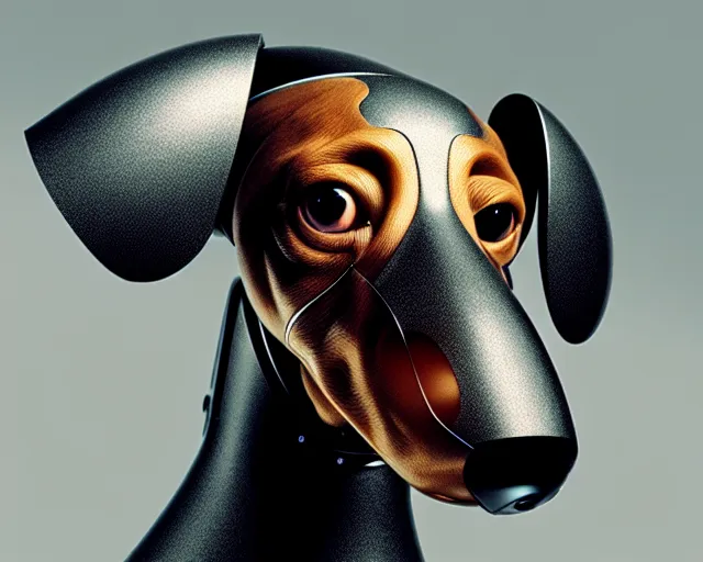 Prompt: head of dachshund robot, portrait, mechanical, machine, octane render, concept art, sharp focus, hyper - realistic, intricate, detailed, eduard pronin, luka mivsek, ruan jia
