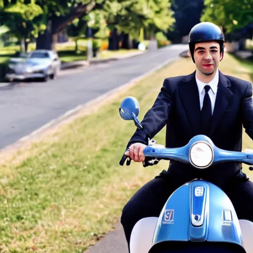 Image similar to Nathan fielder riding an Vespa