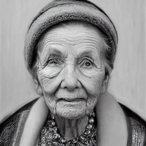 Prompt: A photo of a portrait of a 95 year old lady, 35 mm lens, black background , trending on Art Station, high detailed, photorealistic