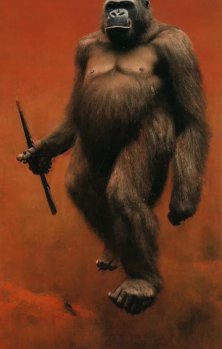 Prompt: war gorilla in tribal armor, beksinski, ruan jia,