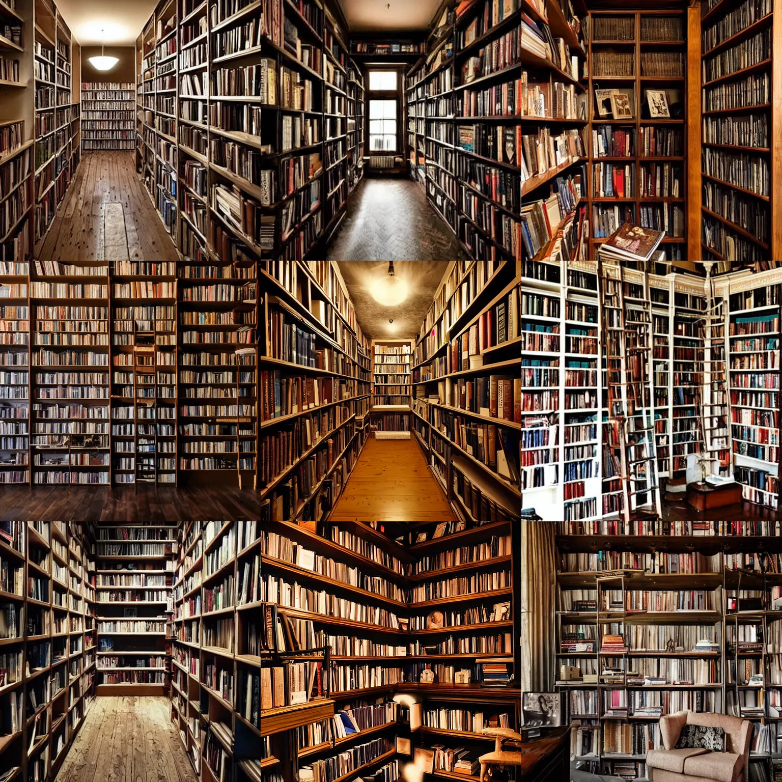 Prompt: room with many shelves filled with books, midnight, creepy, gloom, dark, oppressive, shadows, candles