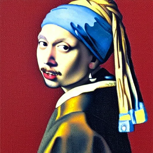 Image similar to Post Malone with a Pearl Earring by Johannes Vermeer, realistic painting