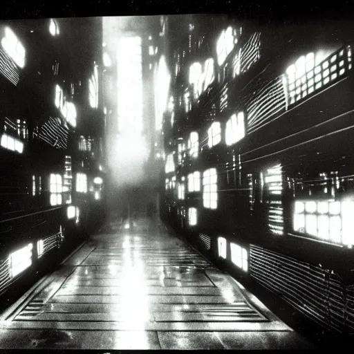 Prompt: old black and white photo, 1 9 3 3, depicting blade runner, historical record, dramatic lighting