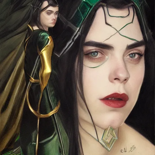 Image similar to Billie Eilish as Loki, Goddess of Mischief, oil on canvas, noir, trending on artstation, by J. C. Leyendecker and Edmund Blair Leighton and Charlie