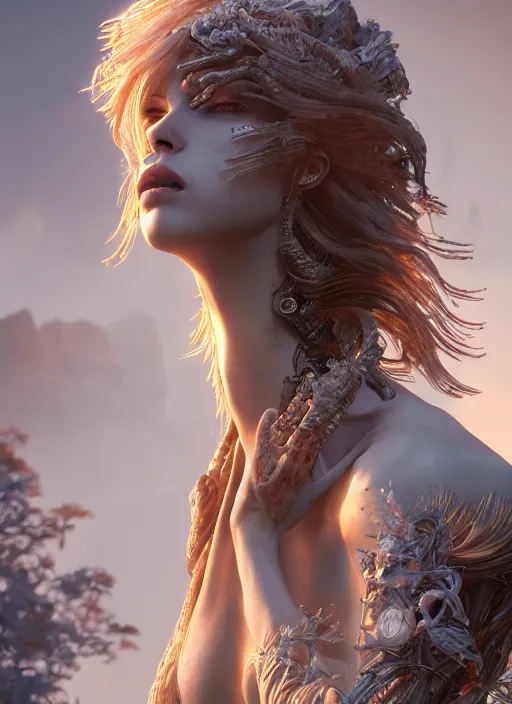 Image similar to beauteous stunning practical sumptuous androgynous biomechanical with incredible hair, crystalline masterpiece incrustations, hyperdetailed face, elegant pose, movie still, intricate accuracy, octane render, cinematic forest lighting, cgsociety, unreal engine, crepuscular rays, god rays