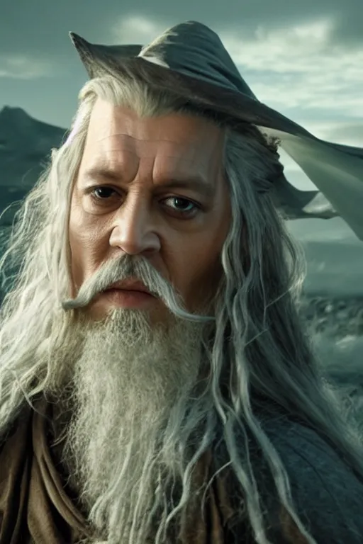 Image similar to film still of johnny depp as gandalf in lord of the rings movie, glamour pose, dramatic lighting, octane, volumetric lighting, 8 k