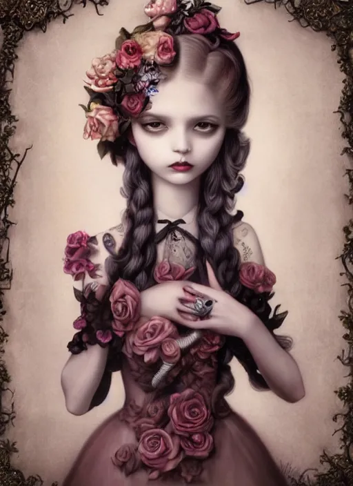 Image similar to pop surrealism, lowbrow art, realistic cute alice dress painting, japanese street fashion, hyper realism, muted colours, rococo, natalie shau, loreta lux, tom bagshaw, mark ryden, trevor brown style,